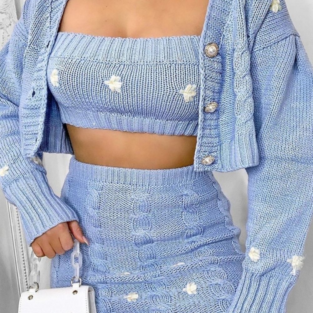 Knit Coord Set: Cardigan, Tube Top, and Skirt Size XS - Fashion Nova